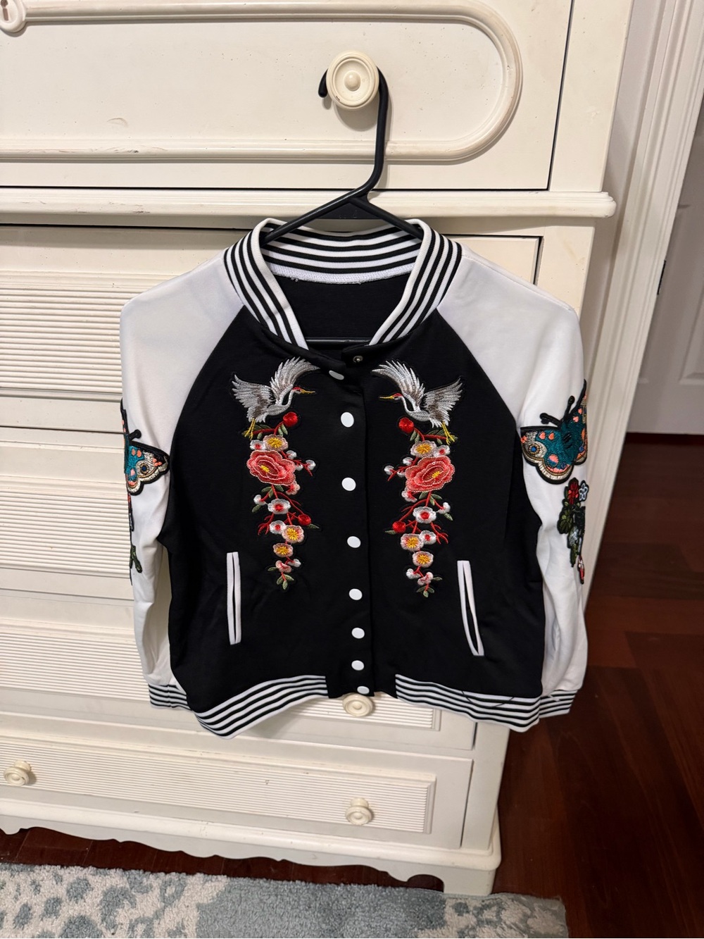 Zara Black and White Embroidered Varsity Jacket